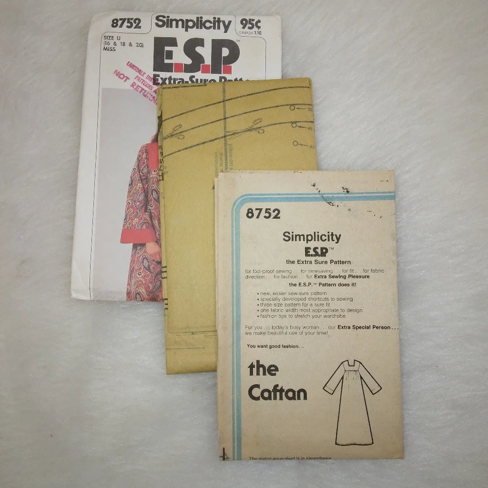 SIMPLICITY 8752 E.S.P. Misses' Caftan, size 16-20, c. 1978